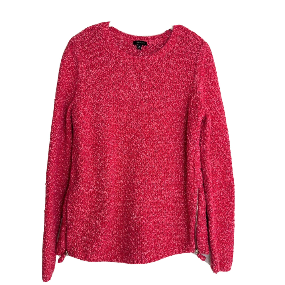 Talbots Womens Sweater Medium Heathered Red Chunky Knit Zipper Accents